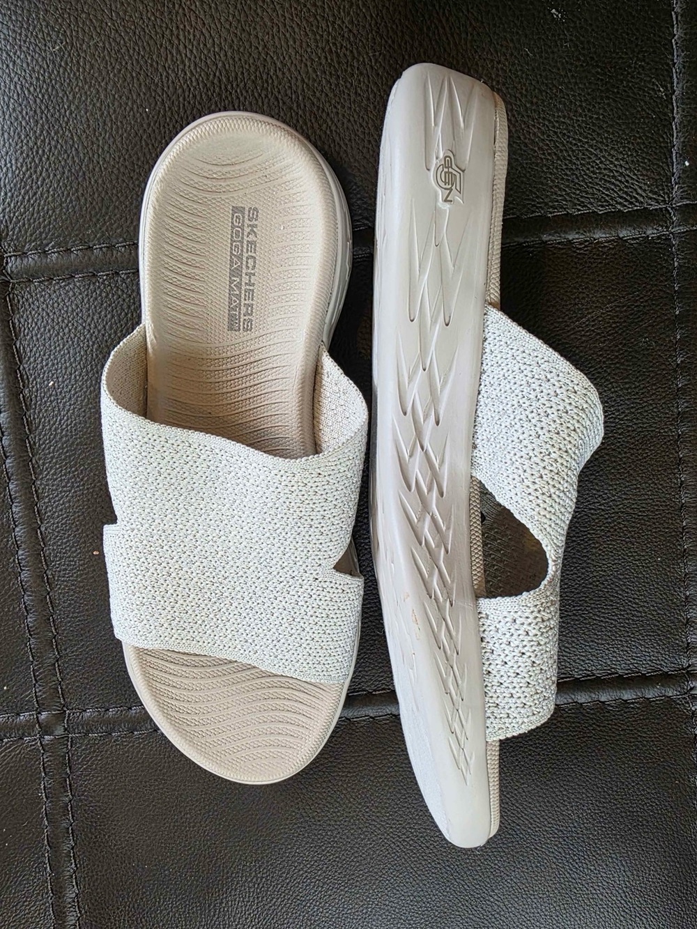 Skechers Women's Light Taupe Knit Slide Sandals